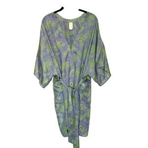 JH Julie Harrah Silk Tropical Print Kimono Robe in Lavender and Lime